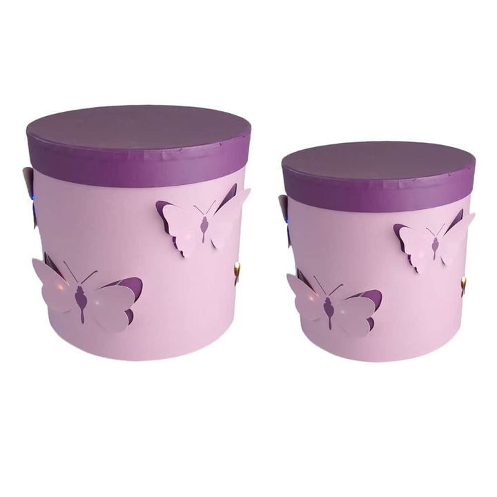 Комплект от 2 кръгли кутии с пеперуди и LED светлини, картон, Createur, Purple, 19x19 см