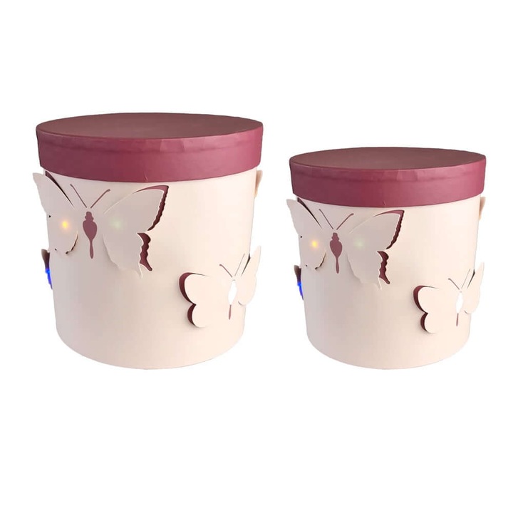 Комплект от 2 кръгли кутии с пеперуди и LED светлини, картон, Createur, розово, 19x19 см