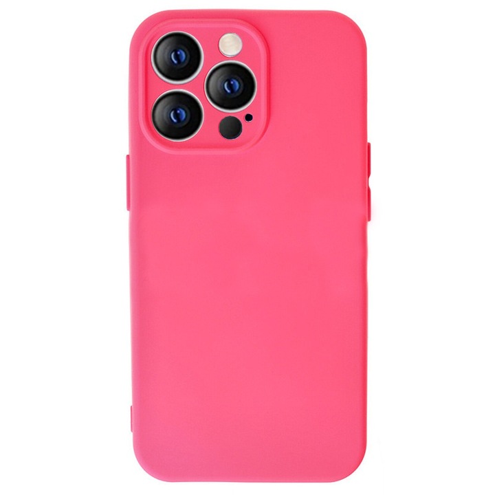 Husa din silicon compatibila cu iPhone 13 Pro cu protectie la camera, silk touch, interior din catifea, Roz neon
