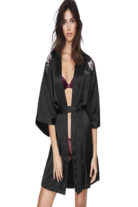 Halat dama din satin cu broderie, Negru, One Size INTL