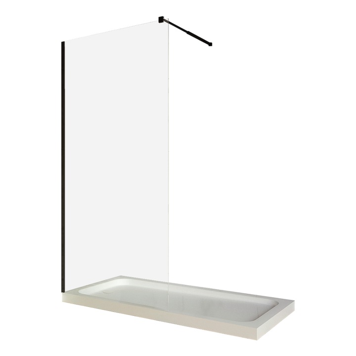 Paravan walk in cu sticla transparenta, 8 mm, profil negru mat, tija extensibila 900 x 2000 mm