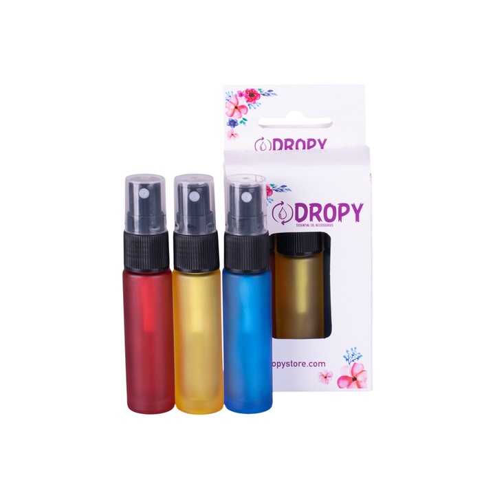 DROPY Színes üveg kozmetikai tartály készlet, 3 db, 10 ml-es, permetezővel, többszínű, jég modell