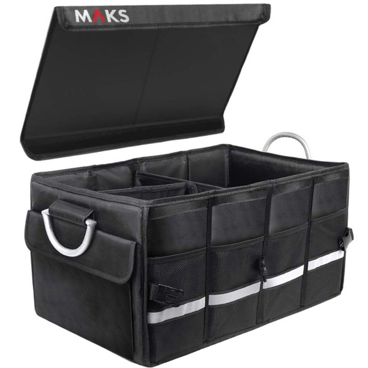 Organizator portbagaj, MAKS Plus, pliabil in 2 sau 3 compartimente, partitie lemn, maner aluminiu, velcro, negru, Marime 30x35x60
