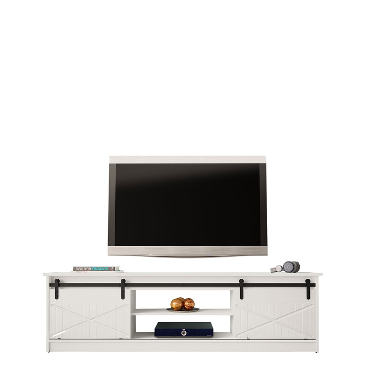 Comoda TV Sarinero, MIRJAN24, alb / alb lucios, 200x57x35 cm
