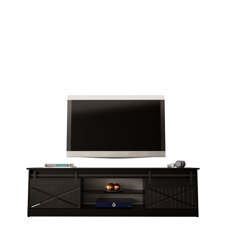 Comoda TV Sarinero, MIRJAN24, negru / negru lucios, 200x57x35 cm