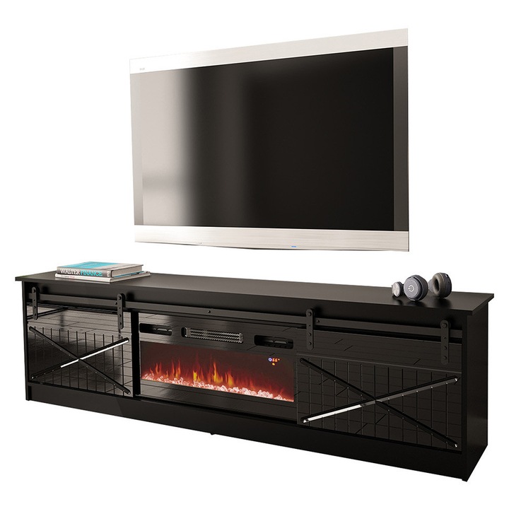 Comoda TV cu semineu Sarinero, MIRJAN24, negru / negru lucios, 200x57x35 cm