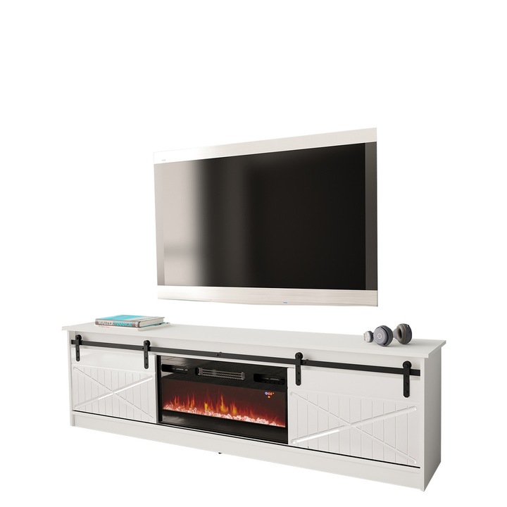 Comoda TV cu semineu Sarinero, MIRJAN24, alb / alb lucios, 200x57x35 cm