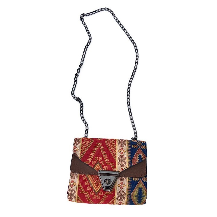 Geanta din material textil cu model traditional si lant, multicolor, M1, 19x15 cm