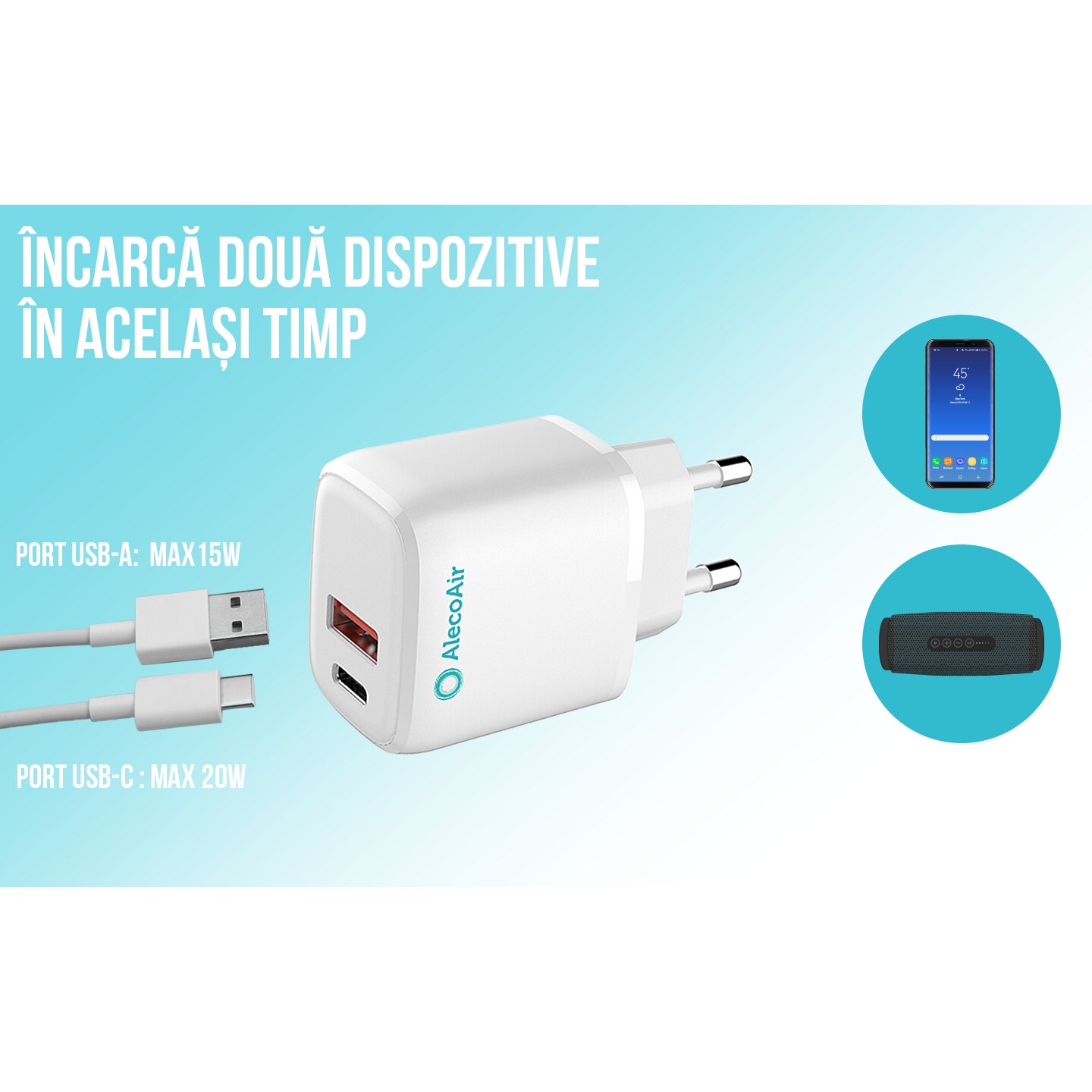 Зарядно устройство с 2 USB порта Type A + Type C AlecoAir G14-WP2S ...