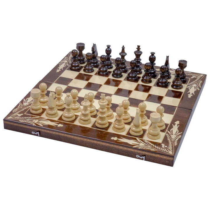 Joc Sah si Table din Lemn ROmde™, 44x44 cm, Maro cu Alb