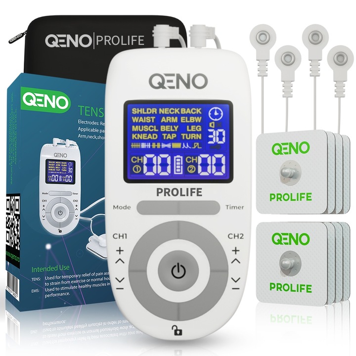 Aparat De Masaj Cu Electrostimulare Pentru Fizioterapie/Electroterapie QENO® ProLife, Cu 30 Niveluri De Intensitate, 8 Electrozi, Doua Canale De Utilizare, 12 Programe De Masaj, Display Digital, Alb