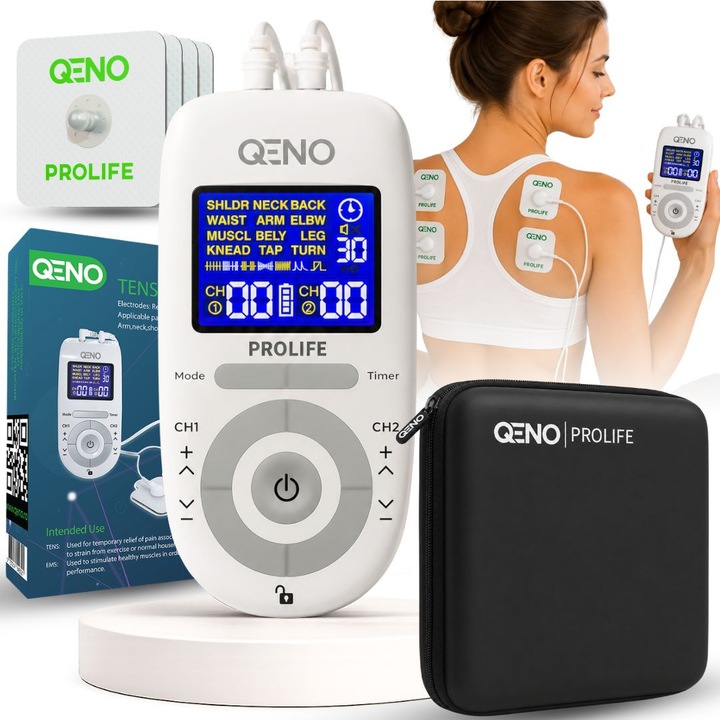 Aparat De Masaj Cu Electrostimulare Pentru Fizioterapie/Electroterapie QENO® ProLife, Cu 30 Niveluri De Intensitate, 8 Electrozi, Doua Canale De Utilizare, 12 Programe De Masaj, Display Digital, Alb