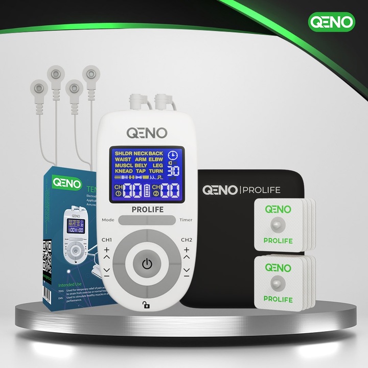 Aparat De Masaj Cu Electrostimulare Pentru Fizioterapie/Electroterapie QENO® ProLife, Cu 30 Niveluri De Intensitate, 8 Electrozi, Doua Canale De Utilizare, 12 Programe De Masaj, Display Digital, Alb