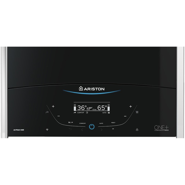 Centrala termica murala in condensare Ariston ALTEAS ONE+ NET 30, 30kW, gaz natural + GPL, Wi-Fi, senzor camera Sensys HD inclus, panou frontal din sticla, ecran tactil, schimbator caldura otel inoxidabil, control vocal, fara kit inclus