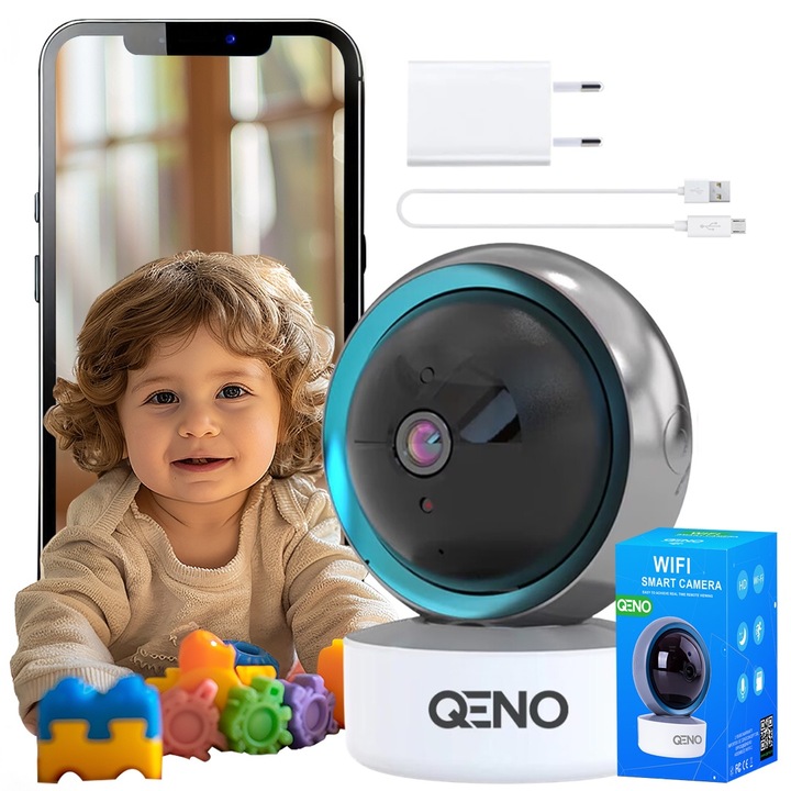 Baby Monitor Qeno® Family, Full HD 360°, Camera Video Audio Wireless Pentru Supraveghere Bebelusi, Vedere Nocturna Infrarosu, Senzor Si Alarma Miscare, Sunet Bidirectional Si Rotire Automata, Negru