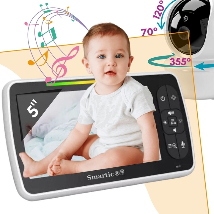 Baby Monitor WiFi Smartic™ SM650 PRO, Ecran HD XXL 5", AI Night Vision, Rotire 360°, Zoom Digital 4X, VOX, Detectie Nocturna Inteligenta, BiDirectional, Raza Actiune 300m, Senzor Temperatura, 8 Cantec
