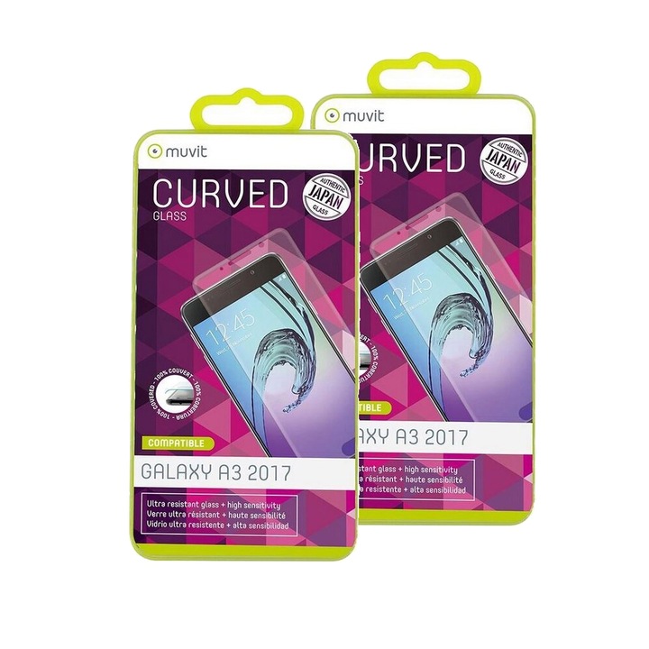 Комплект стъклени протектори Muvit 1115765-2 8856-1/3, За Samsung Galaxy A3 (2017), Tempered Glass, 2 броя, Прозрачен