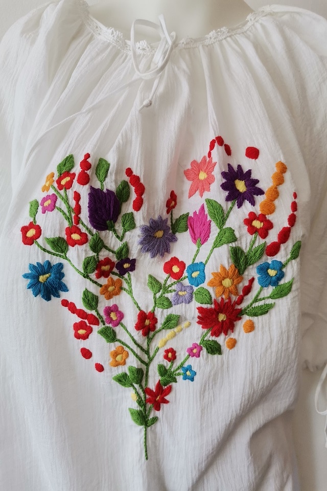 Bluza tip din bumbac brodata manual, flori forma inima, INTL - eMAG.ro