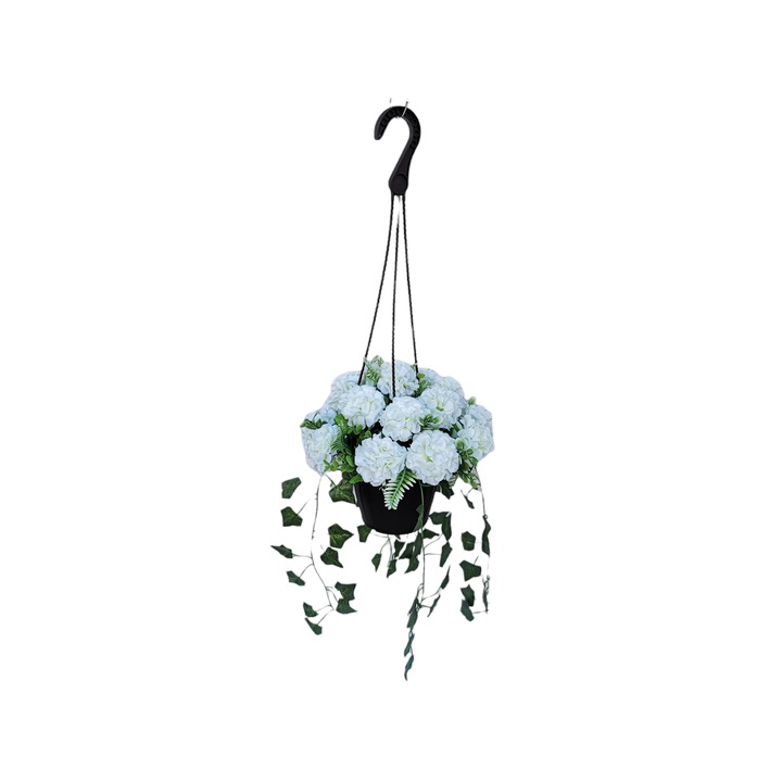 Ghiveci suspendat cu flori artificiale craite albe, Dady, diametru 26 cm
