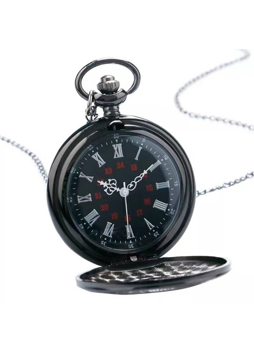 Ceas de buzunar vintage, JustZEN™, cu lant, negru, Quartz, cu baterie