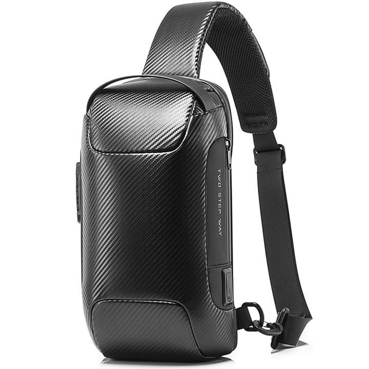 Rucsac crossbody/de umar, impermeabil, antifurt, cu port de incarcare USB, Bange, 34X18X10 cm, Negru carbon