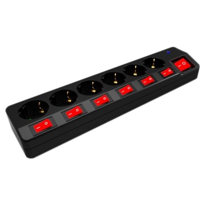 Entac elosztó 6 foglalat, különálló kapcsolóval, 1,5m kábel fekete (ESE1.5G6-1.5-SW-SP)