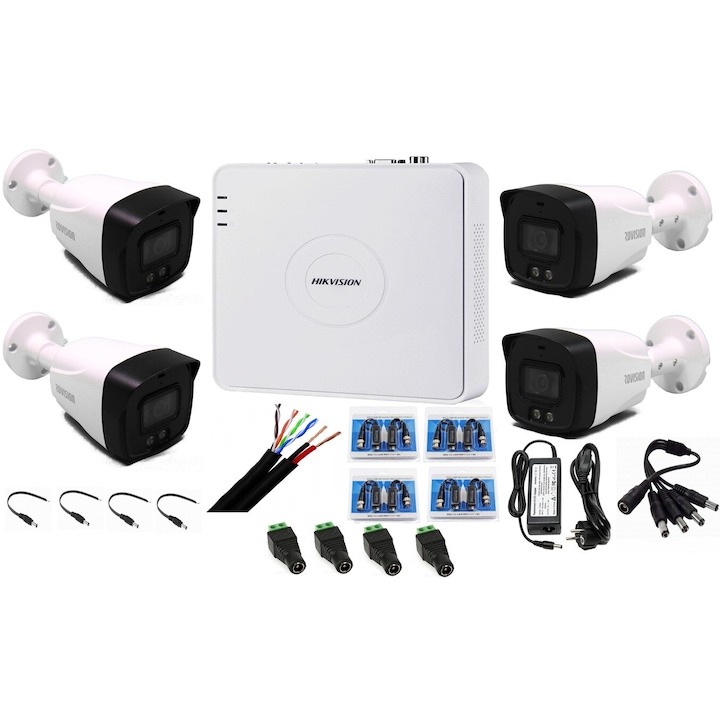 Kit Supraveghere HIKVISION 8 camere 8MP 4 în 1, IR 80m, DVR 8 canale 4K, alb, fără accesoriu montaj