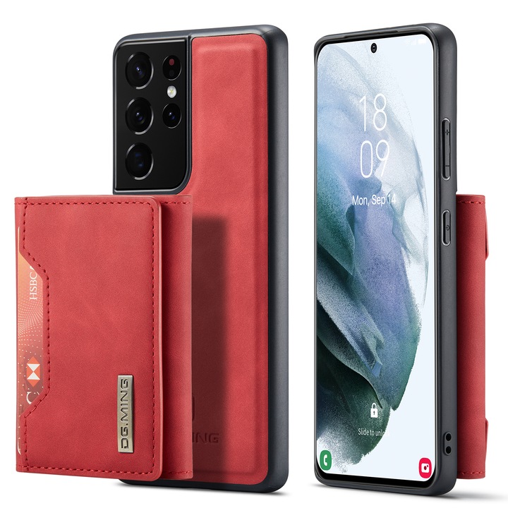 Samsung Galaxy S21 Ultra CaseMe tok, Finom textúrájú bőr borítás, back cover típus, kivehető pénztárca zsebkkel bankjegyek és kártyák számára, állvány funkció, Piros