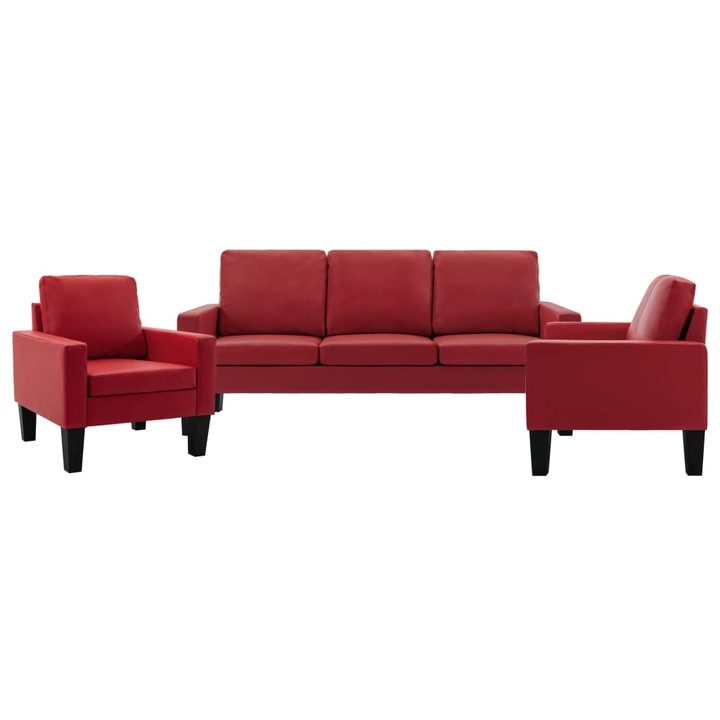 Set 2 canapele si fotoliu, Piele ecologica/Lemn, 130/184 x 76 x 82.5 cm, Rosu
