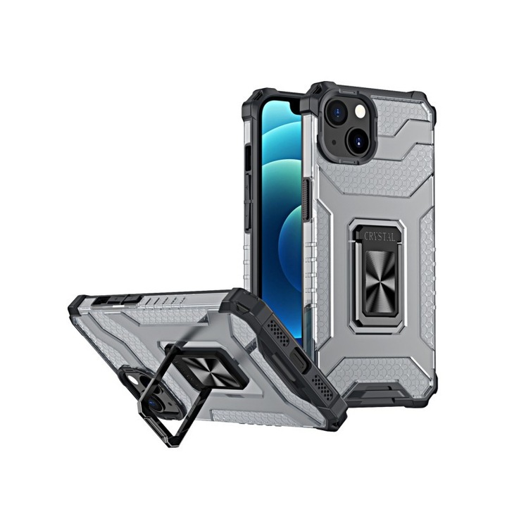 Husa Spate Antishock Upzz Tough Stand Crystal Ring Compatibila Cu iPhone 12 Mini, Negru