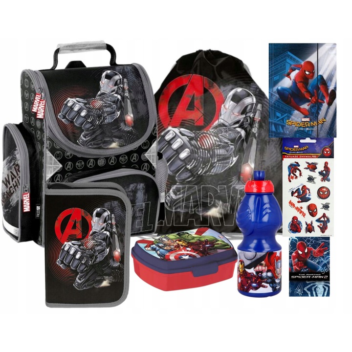 Set ghiozdan pentru scoala , penar, sac pentru pantofi, cutie pentru pranz, Sticla de apa, caiet, folder A4, tatuajele AVENGERS Iron Man Negru