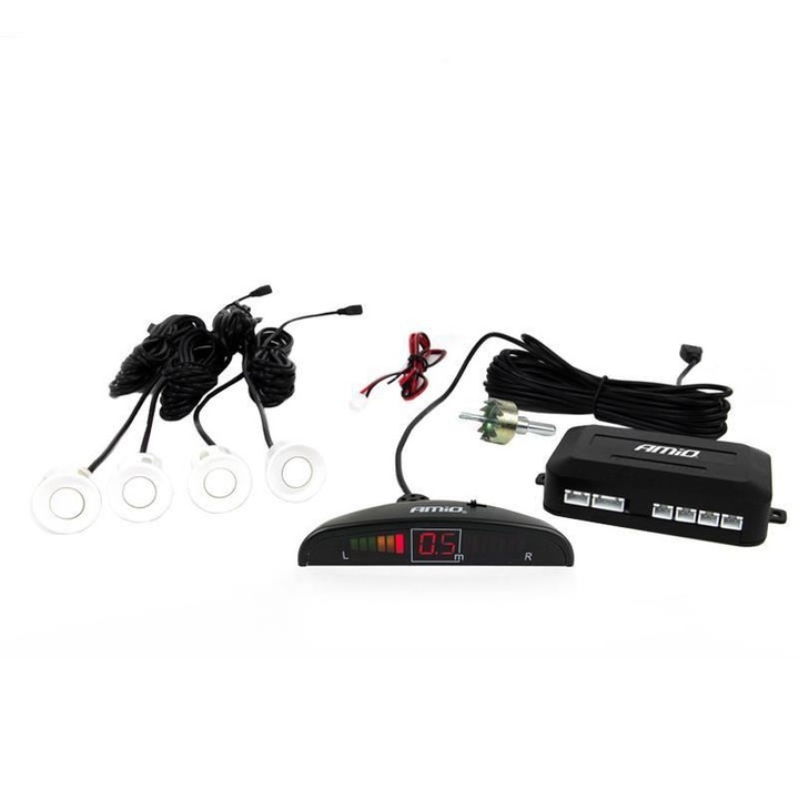 Set 4 senzori de parcare AMIO 01566, afisaj LED, albi, 10x2x3cm