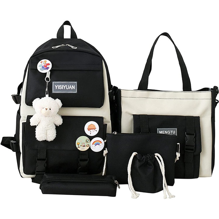 MorFansi Комплект раница от 5 части за деца и момичета с чанта за молив, чанта за през рамо, чанта, чанта за късмет, черна