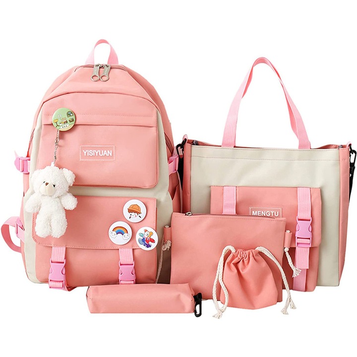 MorFansi Комплект раница от 5 части за деца и момичета с чанта за молив, чанта за през рамо, чанта, чанта за късмет, розова