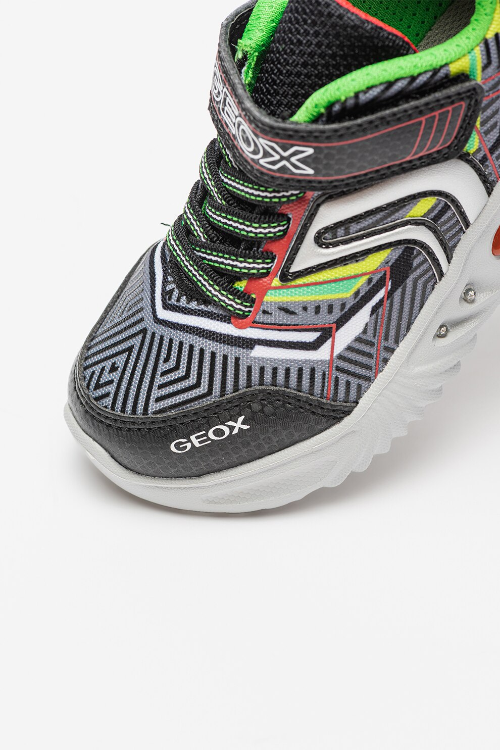 Geox, Спортни обувки Assister с велкро и LED светлини, Зелен, Черен