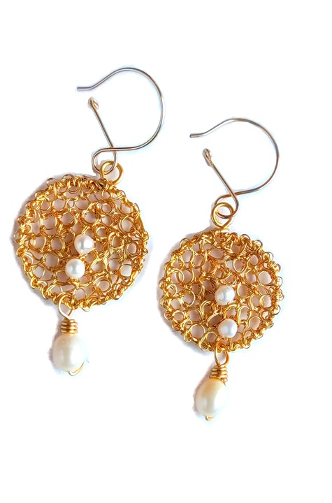 Cercei Parizieni crosetati cu 3 perle, fir metalic Gilt, Auriu, 5 cm