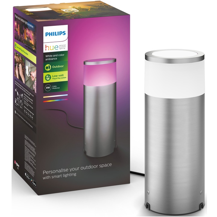 Stalp iluminat exterior Philips Hue Calla, 8W, 590 lm, lumina alba si colorata (2000-6500K), IP44, 25.2x10.2cm, Otel, Crom, clasa energetica G