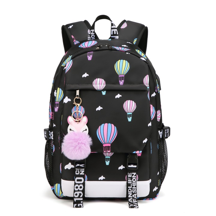 Hippo Store Intelligens hátizsák, USB porttal, többfunkciós, hőlégballon minta, 44 x 27 x 14 cm, fekete