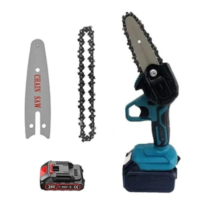 Mini-fierastrau electric SYNO, baterie reincarcabila 24V, lant de 4 inch, negru/albastru