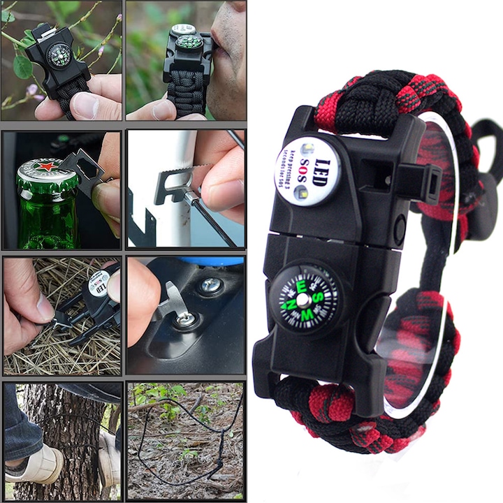 Bratara de supravietuire in aer liber, 9 in 1, Paracord, SOS Light, Busola, Fluier, T-cutit, Cremene, Negru/Rosu