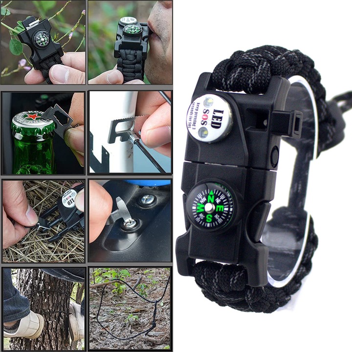 Bratara de supravietuire in aer liber, 9 in 1, Paracord, SOS Light, Busola, Fluier, T-cutit, Cremene, Negru