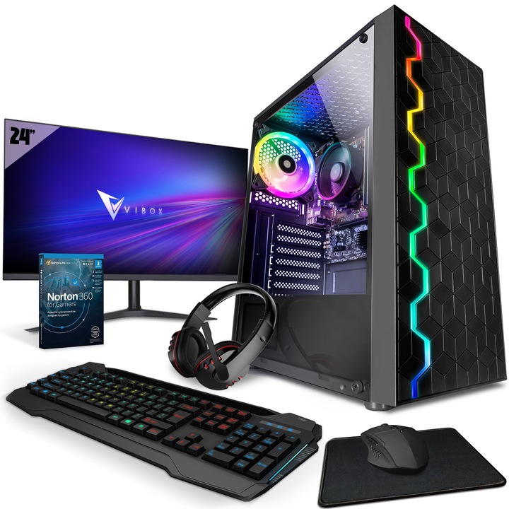 Pachet sistem PC gaming VI-42 cu monitor 24”, Vibox, Procesor AMD Athlon PRO 300GE, Grafica Radeon Vega, 16 GB RAM, HDD de 2 TB, SSD 240, Windows 11, Negru