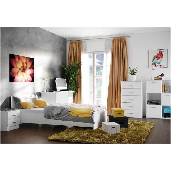 Комплект мебели за спалня Mika Irim, Легло 90х200, Нощно шкафче, Бюро, Два скрина, Бял