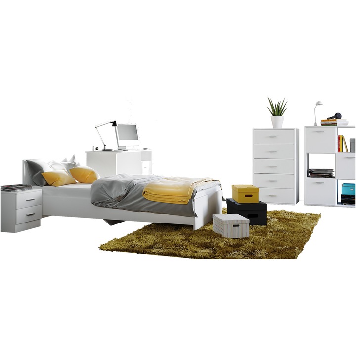 Комплект мебели за спалня Mika Irim, Легло 90х200, Нощно шкафче, Бюро, Два скрина, Бял