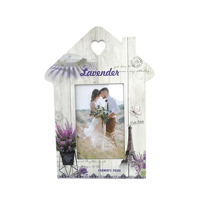 Rama foto din lemn in forma de casa cu flori de lavanda, M2, 20x28 cm