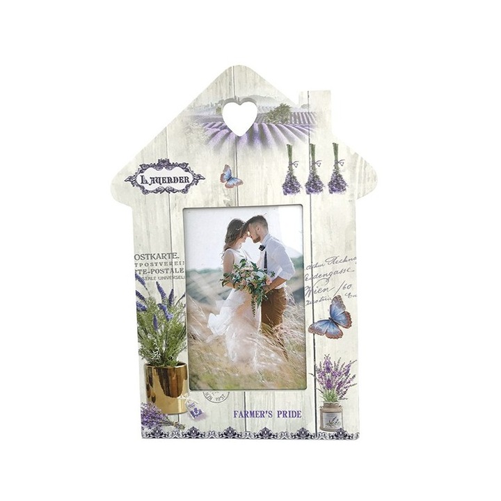 Rama foto din lemn in forma de casa cu flori de lavanda, M3, 20x28 cm
