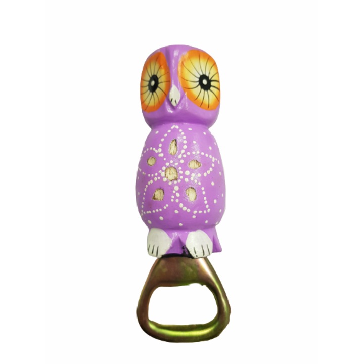 Отварачка Бухал, Дървена, Ръчно рисувана, 12 см, Лилав