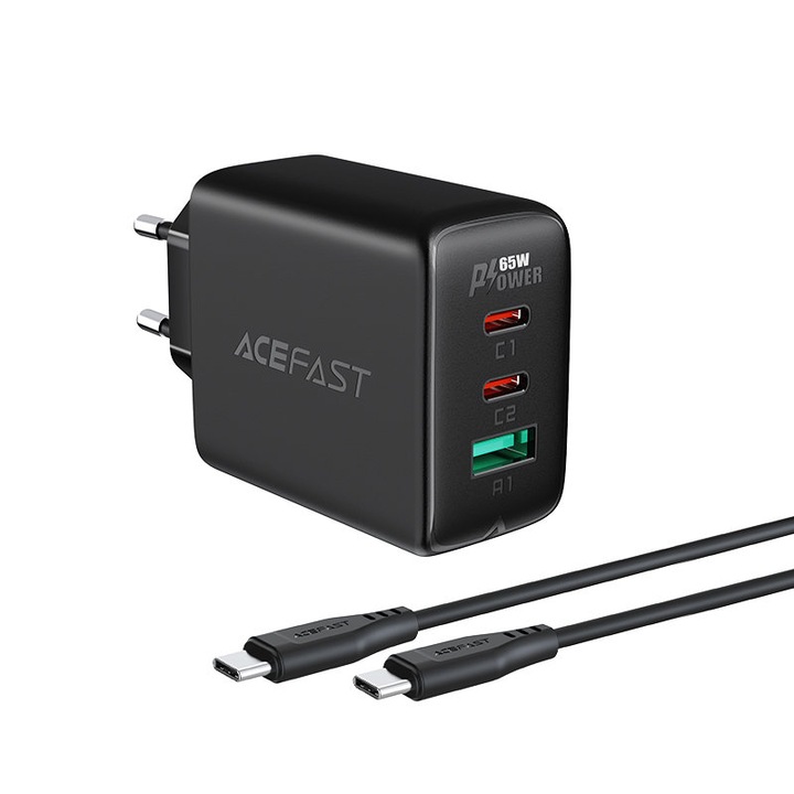 Gyorstöltő 1 x USB 65 W interfésszel, 2 x USB Type C, QC 3.0, AFC, FCP, USB-C-USB-C kábel mellékelve, AceFast modell, fekete