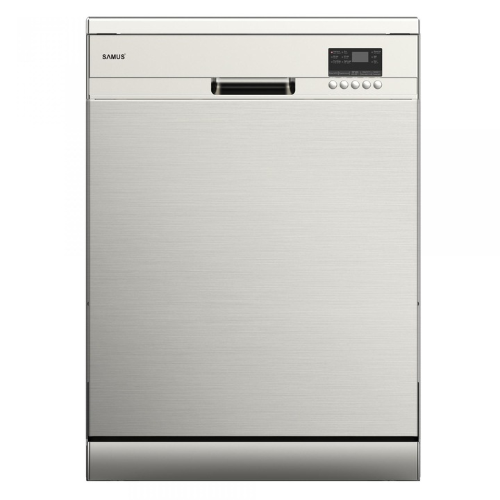 Masina de Spalat Vase Samus SDX612.5, 12 Seturi, 5 Programe, Clasa de energie E, Latime 60 cm, Mini-Display, Inox