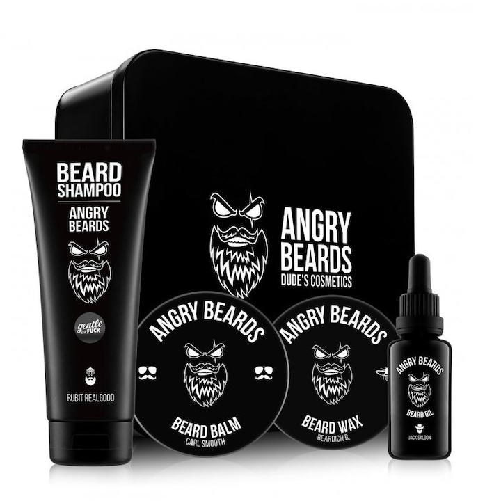 Комплект за грижа за брадата Angry Beards Jack Saloon & Carl Smooth, масло за брада 30 мл, балсам за брада 30 мл, шампоан за брада 250 мл, восък за брада 50 мл